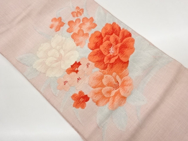JAPANESE KIMONO / NAGOYA OBI / SILK / HAND WOVEN / MAWATA TSUMUGI / PEONY & BALLOON FLOWERS